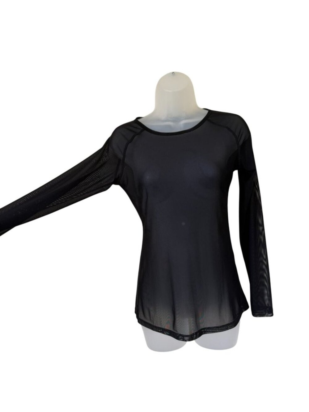 Sheer Black Long-Sleeve Top Womens XS Nylon Stretch Lightweight Mesh Scoop Neck - Picture 2 of 6